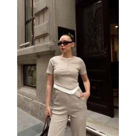 Düğme Yakalı Bej Alt Üst Takım S3943 (Beden: L)