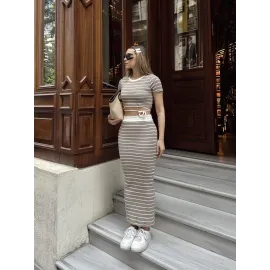 Çizgili Etekli Takım Vizon S3609 (Beden: S)