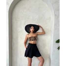 Volanlı Keten Şort Siyah S255058 (Beden: M)