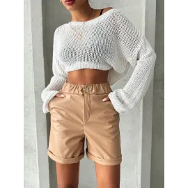 Beli Lastikli Duble Paça Deri Şort Bej W24755 (Beden: L)