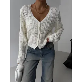 Küçük Düğmeli Küçük Örgülü Triko Hırka Beyaz (Beden: Standart)