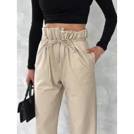 Kendinden İnce Kemerli Deri Pantolon Bej T1178 (Beden: Xl)