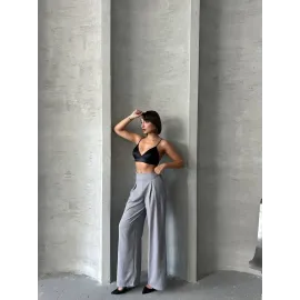 Pileli Keten Pantolon S255046 Gri (Beden: M)