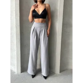 Pileli Keten Pantolon S255046 Gri (Beden: M)