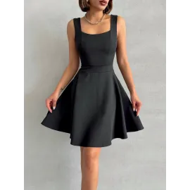 Kadın Kare Yaka Kısa Elbise S251188 Siyah (Beden: L)