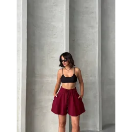 Volanlı Keten Şort Bordo S255058 (Beden: L)