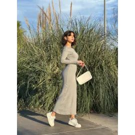 Madonna Yaka Uzun Elbise Şardonlu Kumaş Gri W3753 (Beden: S)