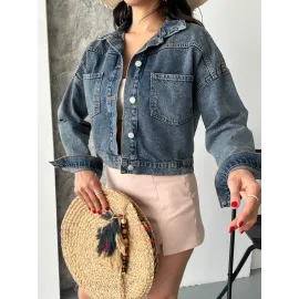 Çift Cepli Kol Katlamalı Kar Yıkama Crop Kot Ceket Kahve Tint D2000 Mavi (Beden: S)