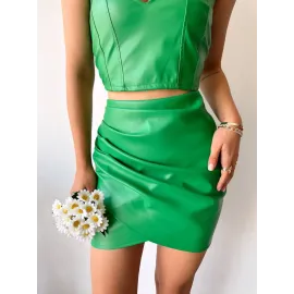 Drapeli Deri Etek Yeşil S24771 (Beden: S)