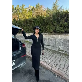 Fermuar Detaylı Fitilli Şardonlu Elbise Siyah A3178 (Beden: Standart)