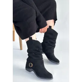 Canty Siyah Süet Körüklü Topuklu Çizme (Numara: 37)