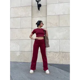 Bol Paça Pantolonlu Alt Üst Takım Bordo (Beden: L)