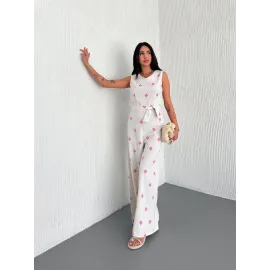 Sırt Dekolteli Keten Beyaz Tulum S1036 (Beden: M)