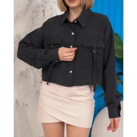 Kemer Cepli Keten Crop Gömlek Siyah S255350 (Beden: S)