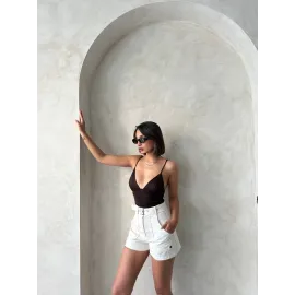 Kemer Detaylı Gabardin Şort Krem S25289 (Beden: L)