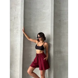 Volanlı Keten Şort Bordo S255058 (Beden: Xl)