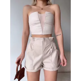 Tüllü Deri Crop Bej W24615 (Beden: L)