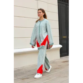 Çizgili Bisiklet Yaka Triko Takım Mint (Beden: Standart)