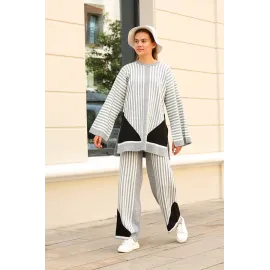 Çizgili Bisiklet Yaka Triko Takım Gri (Beden: Standart)