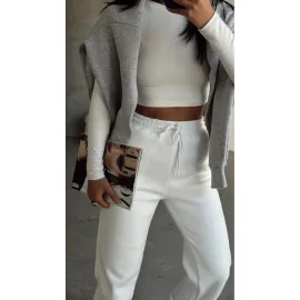 3 İplik Şardonlu Paça Lastikli Eşofman Beyaz İs001 (Beden: Xl)