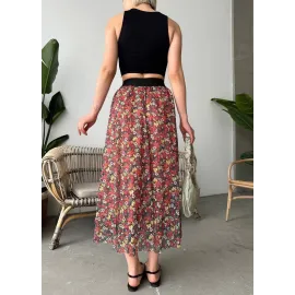 Baskılı Astarlı Uzun Etek Kırmızı (Beden: S)