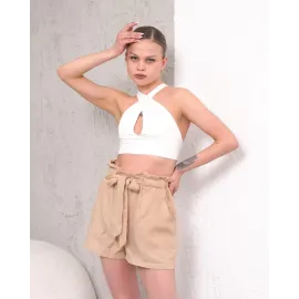 Kuşaklı Keten Şort Bej S255265 (Beden: S)