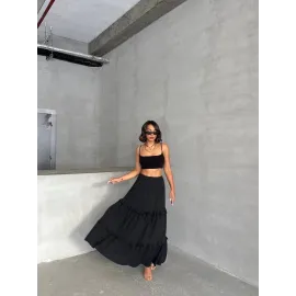 Fırfırlı Brodeli Astarlı Uzun Etek Siyah S255047 (Beden: M)