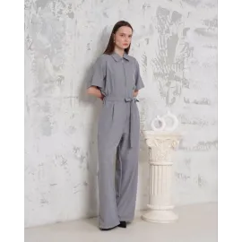 Kuşaklı Gömlek Yaka Salaş Tulum Gri S255822 (Beden: L)