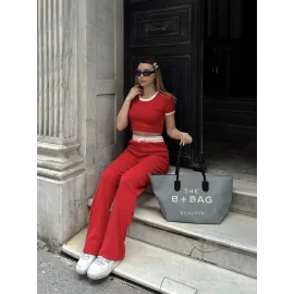 Crop Pantolon Biyeli Takım Kırmızı (Beden: L)