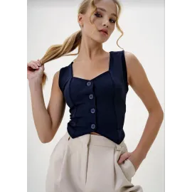 Krep Kumaş Düğmeli Yelek Lacivert S3395 (Beden: L)