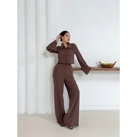Gömlek Yaka Kaplama Düğmeli Takım Kahve St265866 (Beden: M)