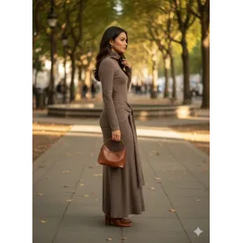 Kendinden Kemerli Uzun Elbise Vizon (Beden: M)