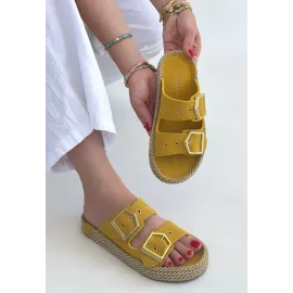 Loera Sarı Nubuk Çift Tokalı Terlik (Numara: 37)