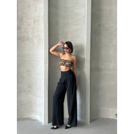 Pileli Keten Pantolon S255046 Siyah (Beden: L)