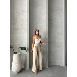 Pileli Keten Pantolon S255046 Bej (Beden: M)