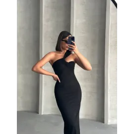 Krinkıl Tek Omuz Uzun Elbise Siyah S25455 (Beden: Xl)
