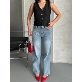 Palazzo Straight Kar Yıkama Jeans Pantolon Mavi D2008 (Beden: 38)