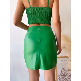 Tek Yırtmaçlı Arkadan Fermuarlı Deri Etek Yeşil S24475 (Beden: L)