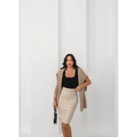 Arkadan Yırtmaçlı Kalem Etek Bej (Beden: L)