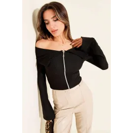 Omzu Açık Fermuarlı Bluz Siyah T4330 (Beden: Xl)