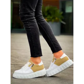 Kb-X155 Kuback Beyaz Cilt Bej Süet Detaylı Beyaz Yüksek Taban Günlük Spor Ayakkabı (Numara: 40)