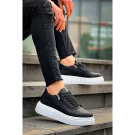 Kb-X155 Kuback Siyah Cilt Detaylı Beyaz Yüksek Taban Günlük Spor Ayakkabı (Numara: 42)