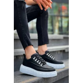 Kb-X10 Kuback Siyah Cilt  Beyaz Yüksek Taban Günlük Spor Ayakkabı (Numara: 40)