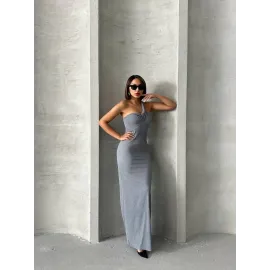 Tek Omuz Pliseli Elbise Gri (Beden: M)