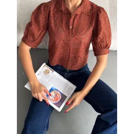 Brodeli Crop Gömlek S1023 Kahve (Beden: S)