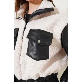 Deri Garnili Cepli Peluş Mont Siyah T1253 (Beden: Xl)