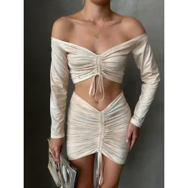 Büzgülü Etek Bluz Takım Bej S24709 (Beden: S)