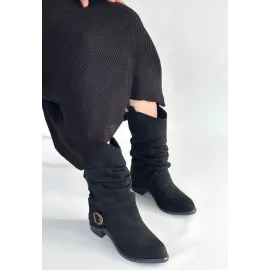 Canty Siyah Süet Körüklü Topuklu Çizme (Numara: 37)