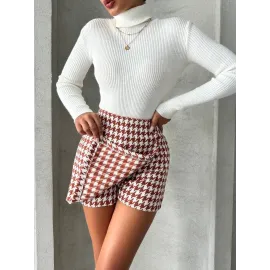 İki Düğmeli Kaz Ayağı Desen Ch Kumaş Şort Etek Bordobeyaz H26414 (Beden: M)