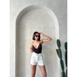 Kemer Detaylı Gabardin Şort Krem S25289 (Beden: M)